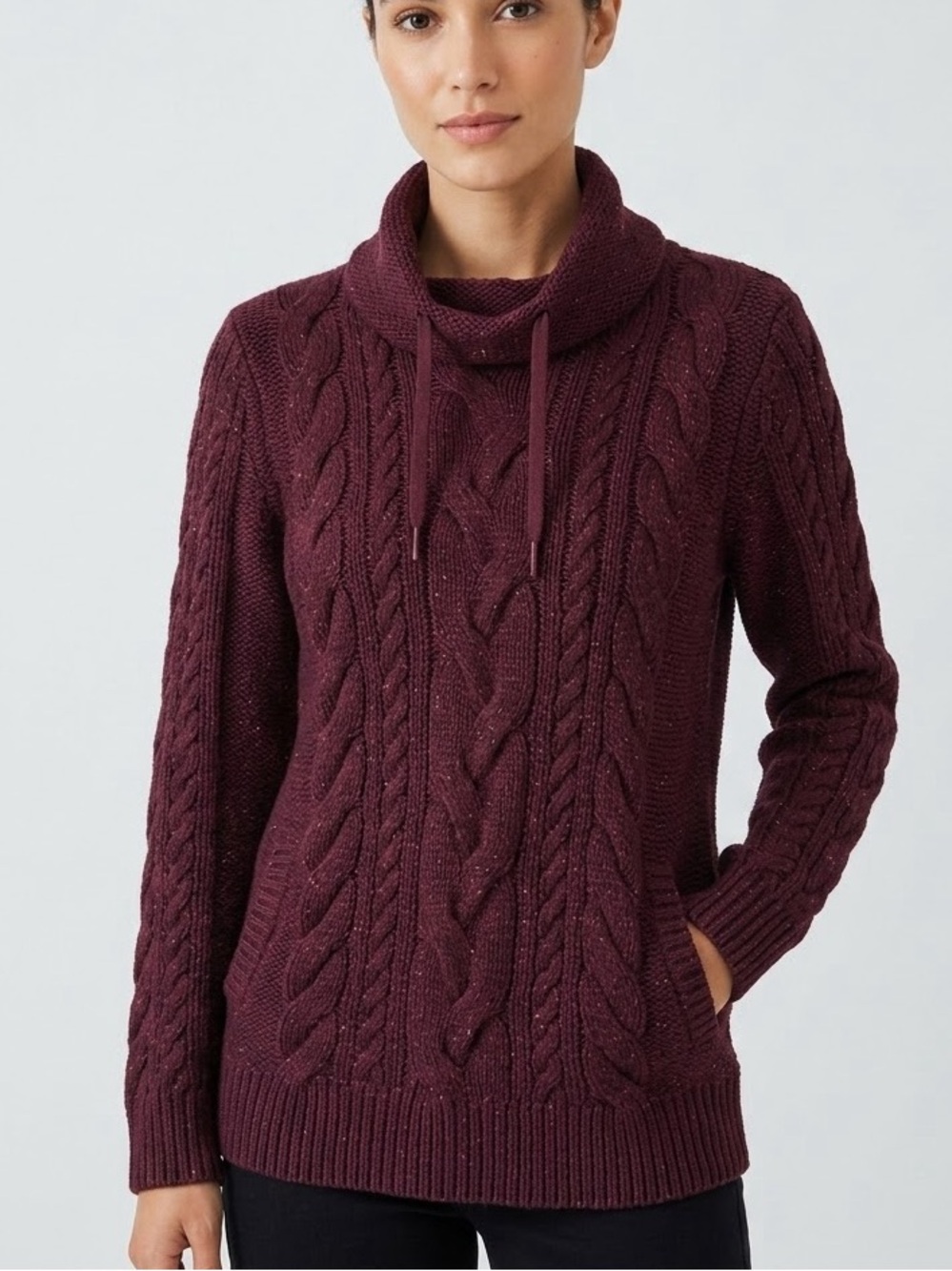 L.L.Bean Women’s Cable Knituu Cowl Neck Sweater Size M Burgundy Cotton